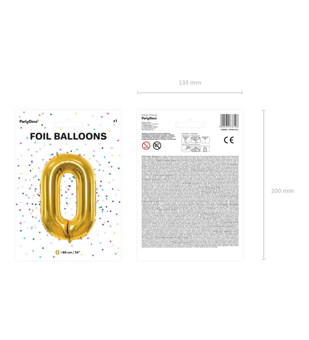 Fóliový zlatý balónek - číslo 0