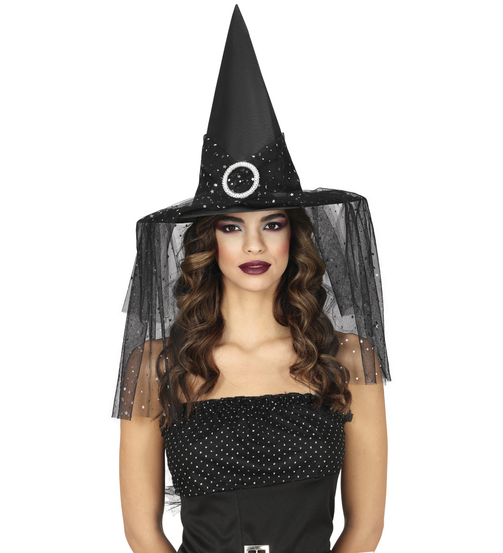 Čarodějnický klobouk se závojem a hvězdami