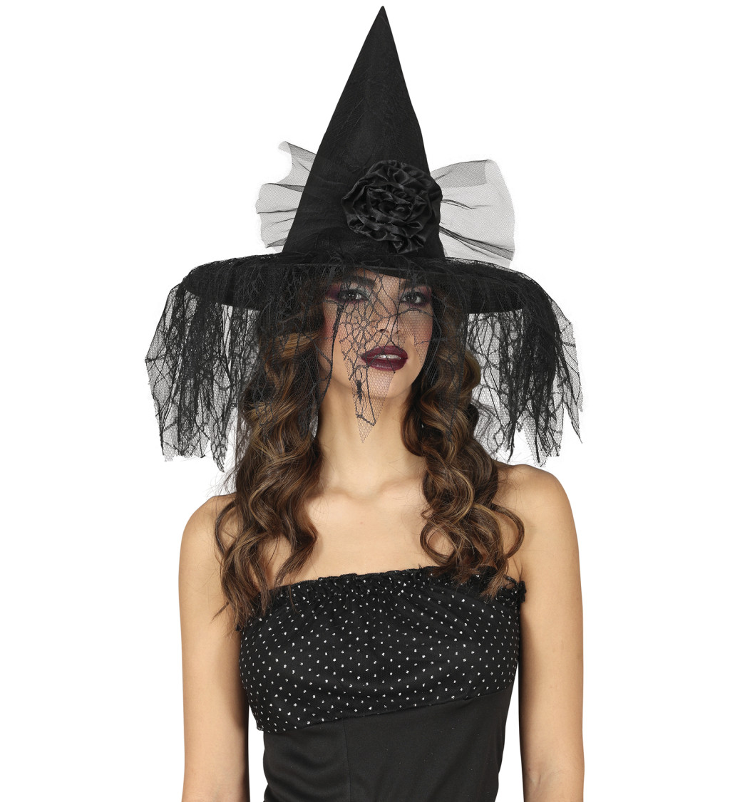 Čarodějnický klobouk s květinou a závojem