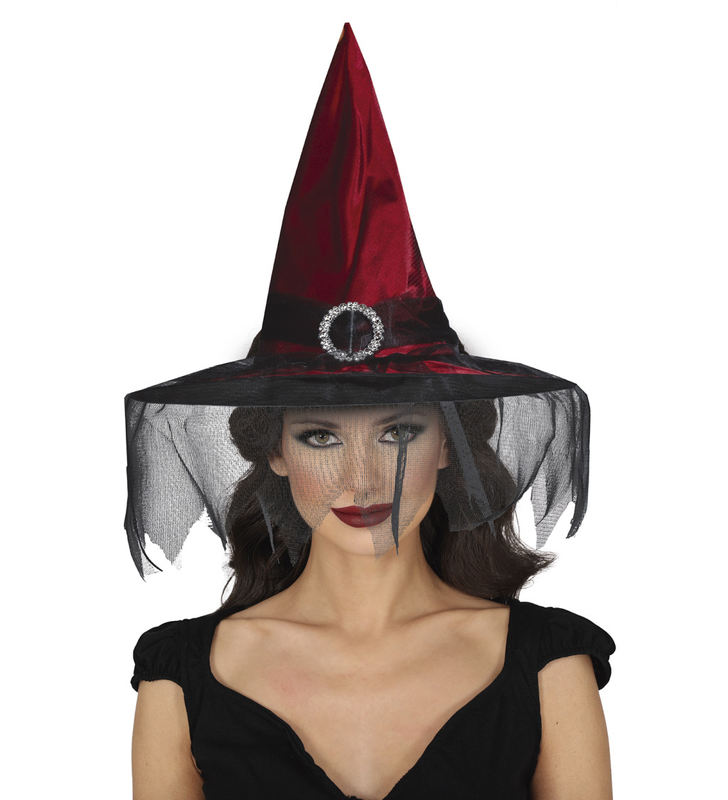 Vínový čarodějnický klobouk se závojem
