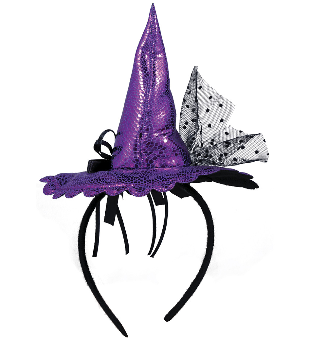 Fialový mini čarodějnický klobouk na čelence