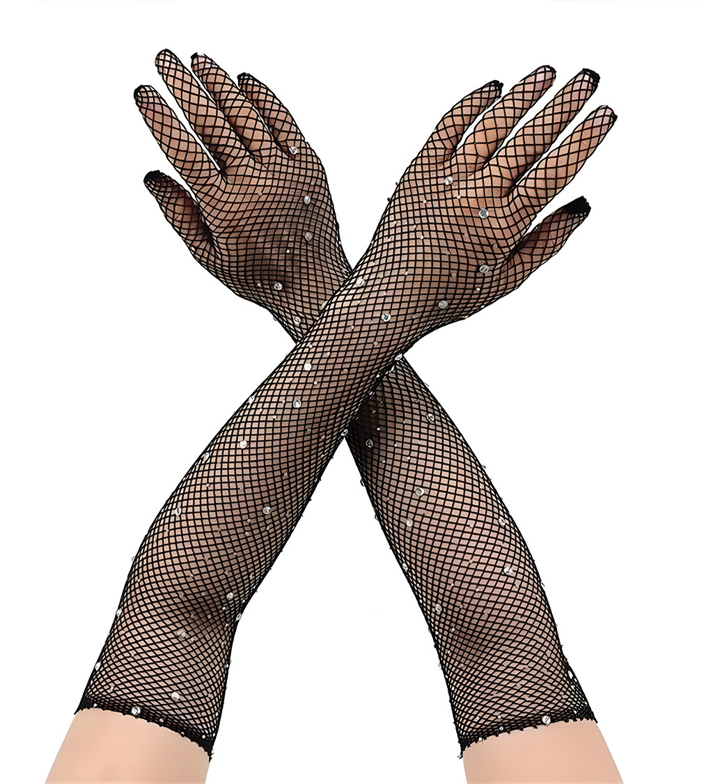 Dlouhé síťované rukavice s kamínky černé