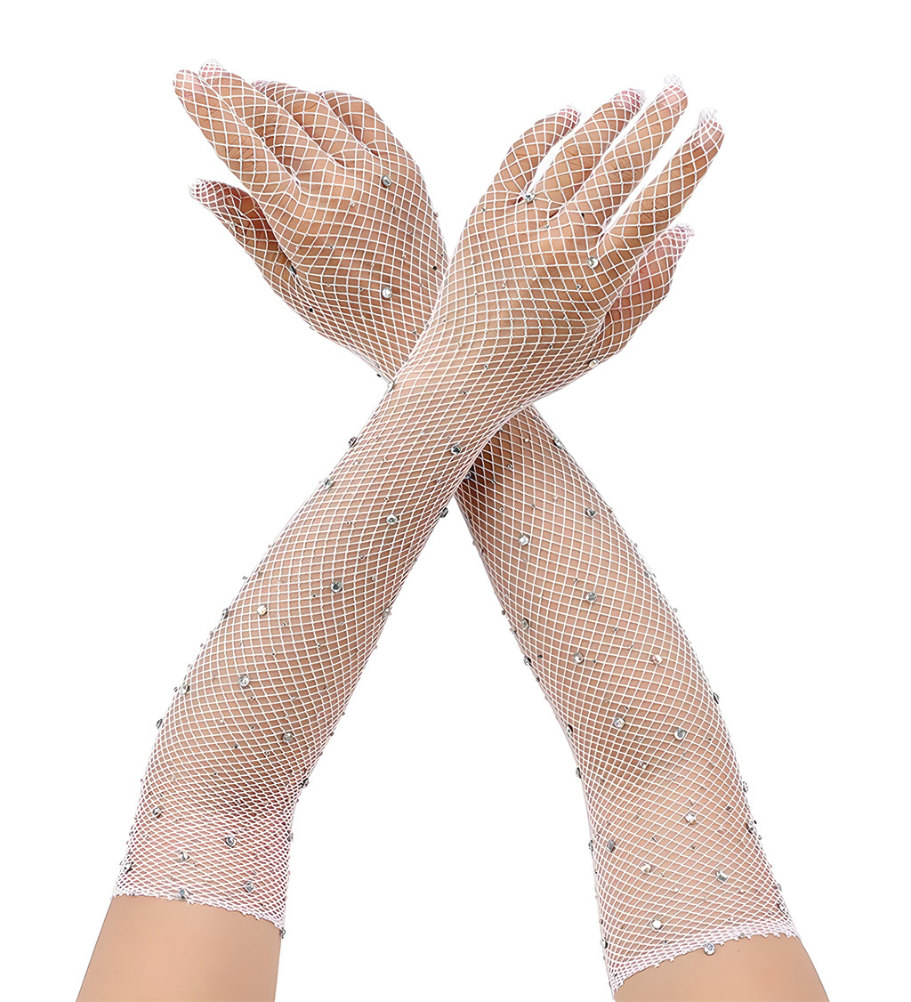 Dlouhé síťované rukavice s kamínky bílé