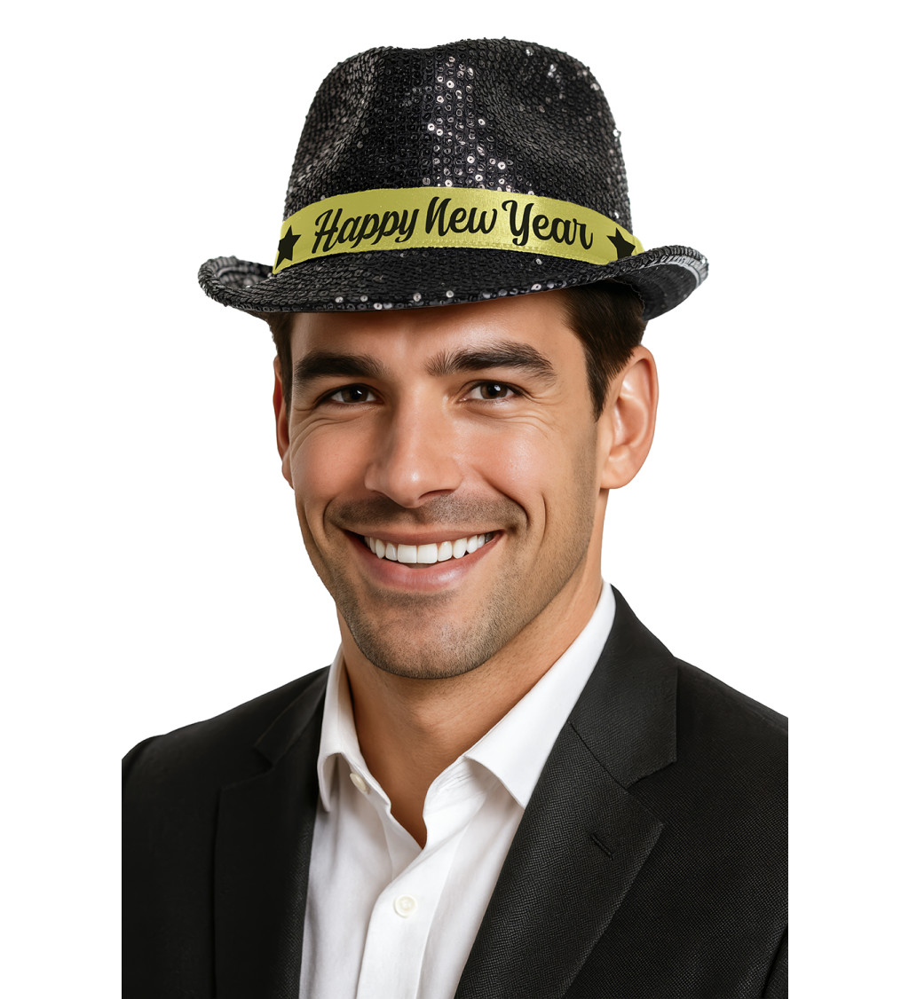 Klobouk Happy New Year černé flitry