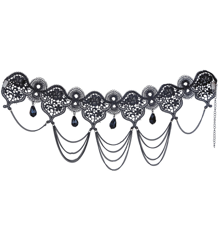 Černý náhrdelník se kameny a řetězy