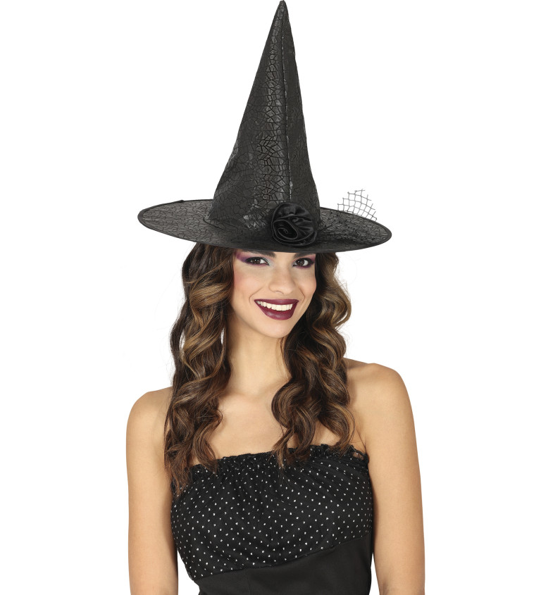 Čarodějnický klobouk s umělou kožešinou a květinou