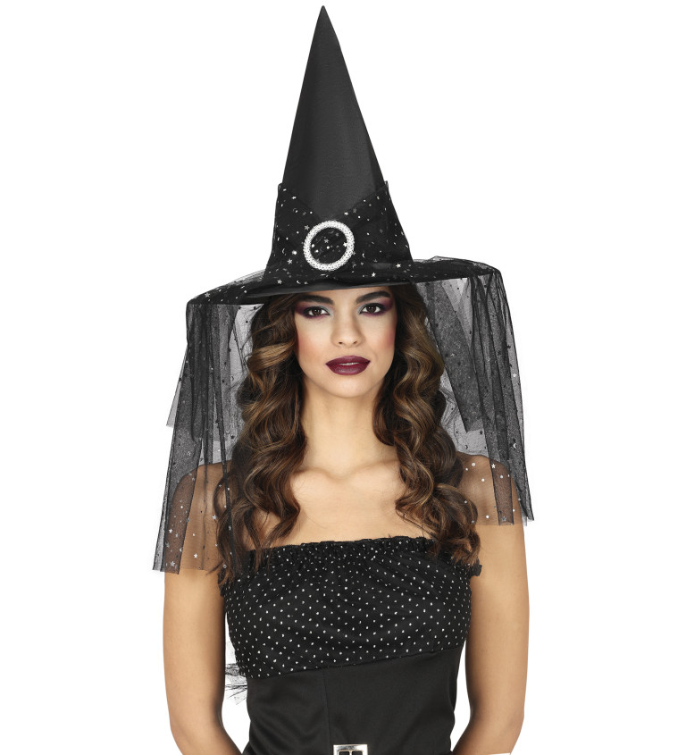 Čarodějnický klobouk se závojem a hvězdami